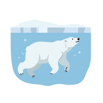 A playful polar bear swimming gracefully in a serene blue ocean, minimal design with soft shapes and colors, illustration vector