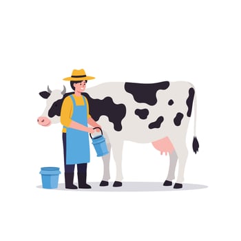 A farmer in a yellow shirt milking a black-and-white cow in a flat design art vector