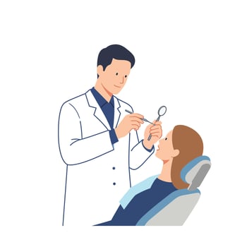 Dentist examining a patient in a modern clinic with minimal design, showcasing care and professionalism in illustration vector