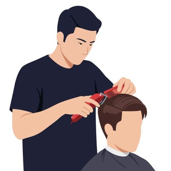 A barber skillfully cutting hair with a comb and clippers in a minimal, flat design illustration vector
