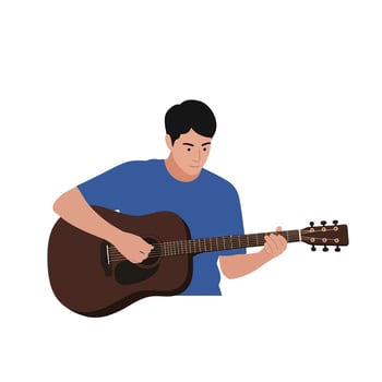 Young man playing a brown acoustic guitar in a casual blue shirt, minimal and modern design style, illustration vector