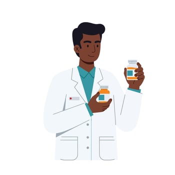 A pharmacist wearing a white coat holds two medicine bottles in a bright, cheerful pharmacy setting, showcasing a flat illustration style with a professional atmosphere. vector