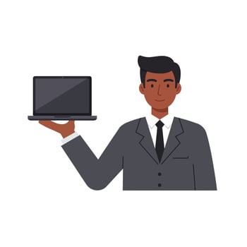 Confident businessman in a grey suit holding a laptop showcasing modern technology in a flat illustration vector