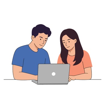Two young adults collaborating on a laptop in a minimal style illustration showcasing teamwork and focus in a lighthearted atmosphere vector