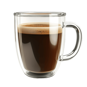 A transparent glass mug filled with dark and aromatic coffee png