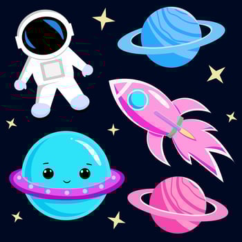 isolated cute illustration of space cartoon objects with astronaut, rocket, planets and stars on dark background. Charming space design for kids, nursery, wallpaper prints textiles vector
