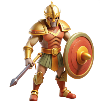 serene classic Ares, God of War, aggressive stance, holding sword and shield, original png