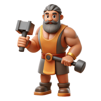 serene modern Hephaestus, God of the Forge, holding hammer, muscular build, exclusive png
