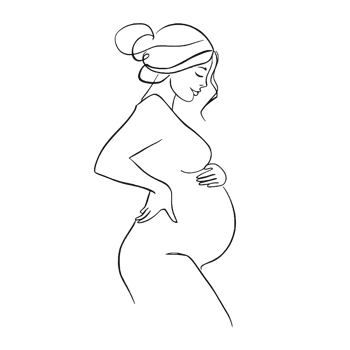 A simple line drawing depicts a pregnant woman standing in profile with her hands on her back and belly. cutouts png