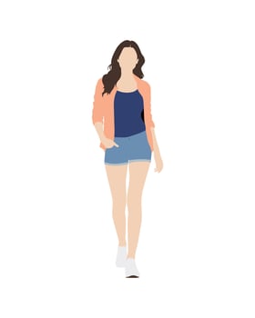 Flat art people and illustration, woman in casual summer outfit walking towards the viewer vector