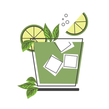 Refreshing cocktail with lime, mint leaves and ice cubes. Summer drink. Illustration, icon. vector