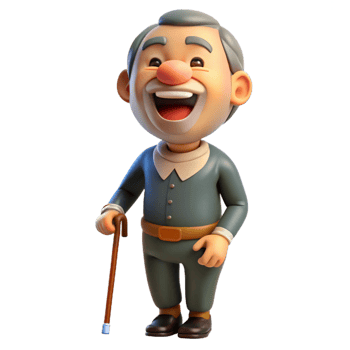 elegant minimalist Laughing elderly man with a cane, premium png