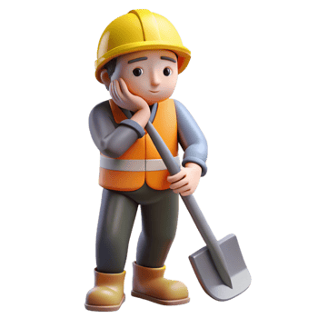 impressive contemporary Tired construction worker leaning on a shovel, high quality png