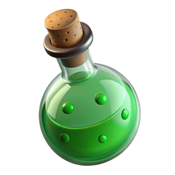 magnificent rustic Single potion bottle, bubbling green liquid, cork stopper high quality png