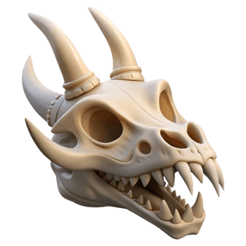 dramatic creative Dragon skull, horns and teeth, weathered bone 4K png