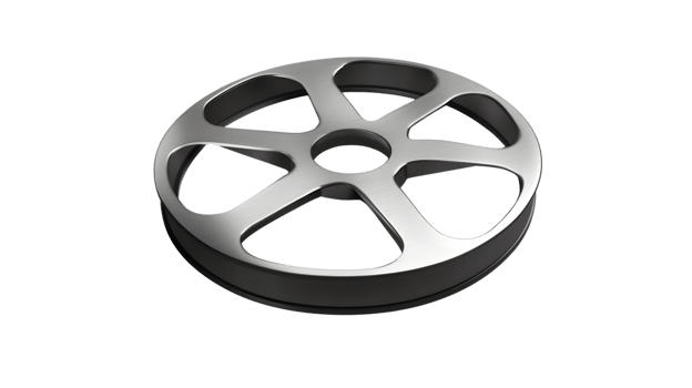 A sleek metallic film reel on a black background ideal for media and entertainment concepts png