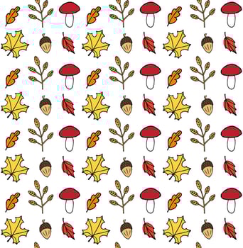 Seamless pattern of hand drawn doodle sketch autumn leaves mushroom and acorn isolated on white background vector