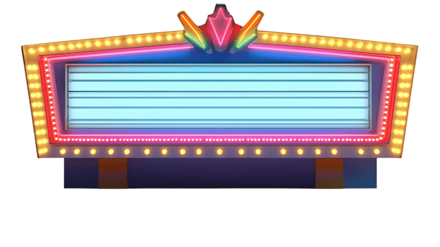 Vibrant Neon Theater Marquee Sign with Illuminated Lights and Blank Display Panel for Customiza png