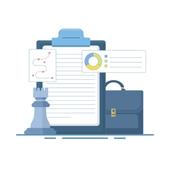 Business Strategy Concept. Clipboard with Chess Pieces, Business strategy planning, marketing tactics or winning strategy to achieve target, Briefcase. Flat Design Illustration. vector