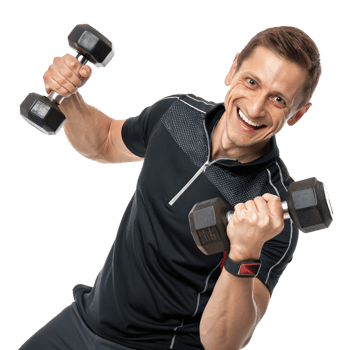 Energetic fitness trainer holding dumbbells in a gym motivational portrait high-energy environment upbeat perspective png
