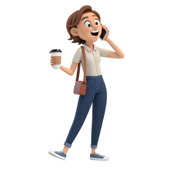 Woman chatting on phone, urban , cartoon character, bright cityscape, engaging perspective, vibrant scene png