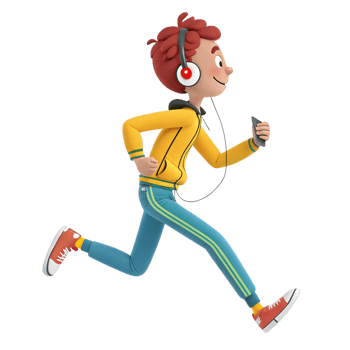 Young man jogging with headphones park setting cartoon animation vibrant colors side view fitness lifestyle png