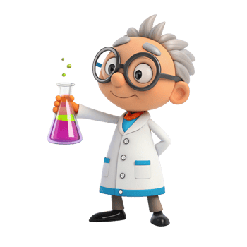 Animated scientist experimenting in a laboratory colorful cartoon character playful science environment creative perspective png