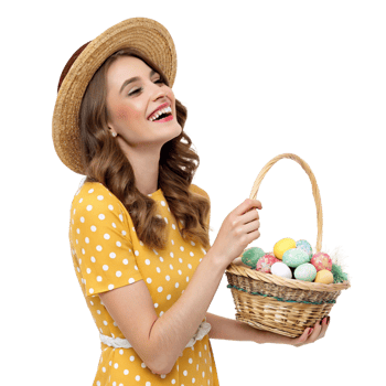 Joyful young woman holding colorful easter eggs in a basket indoor studio portrait bright and cheerful atmosphere png