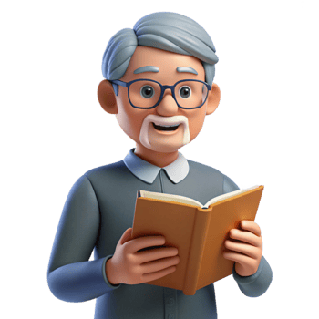wonderful minimalist Senior man with glasses reading a book, detailed png