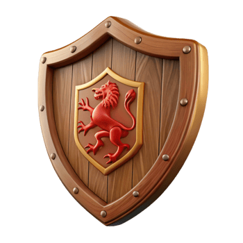 serene artistic A wooden shield, emblazoned with a lion rampant 4K png