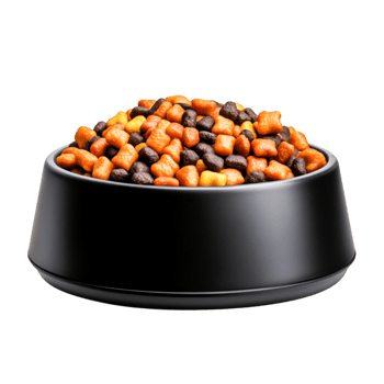 Pet Food Bowl Filled with Colorful Dry Kibble on png