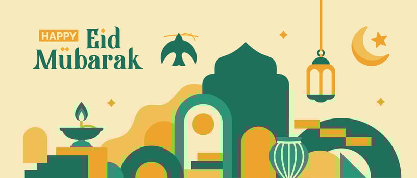 collection of ramadan kareem design elements in the form of green landscapes, mosque domes and islamic icons, crescent moon in flat geometric style vector