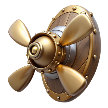 dramatic traditional Steampunk airship propeller made of polished wood and brass exclusive png