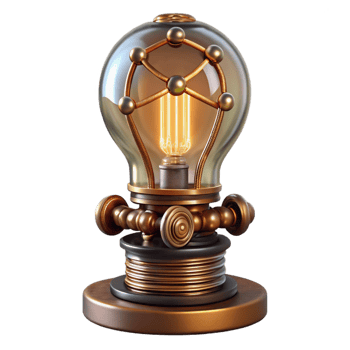 serene abstract Steampunk lightbulb with intricate filaments and a brass base 4K png