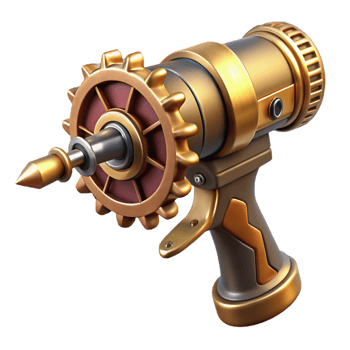 serene minimalist Steampunk drill with a rotating brass bit and a hand crank detailed png