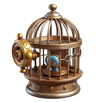dramatic rustic Steampunk birdcage with intricate brass bars and a clockwork bird high quality png