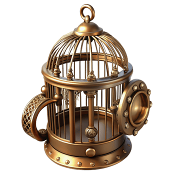 beautiful artistic Steampunk birdcage with intricate brass bars and a clockwork bird high resolution png