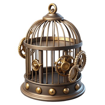 serene creative Steampunk birdcage with intricate brass bars and a clockwork bird high resolution png