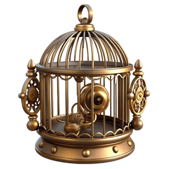 magnificent modern Steampunk birdcage with intricate brass bars and a clockwork bird authentic png