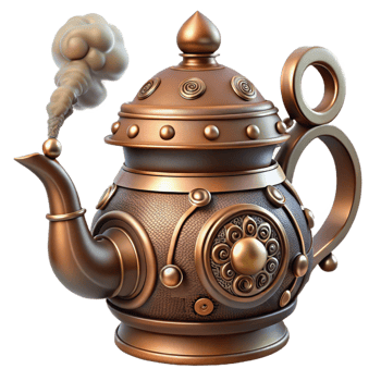 beautiful contemporary Steampunk teapot with intricate carvings and a steam vent professional png