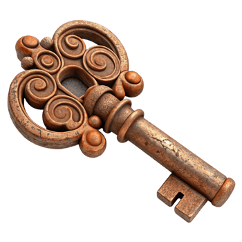 vibrant contemporary A rusty, ancient key with intricate carvings genuine png