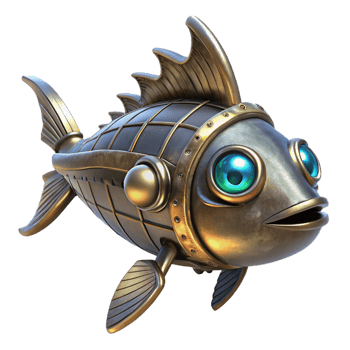 wonderful rustic Steampunk fish with metal scales and glowing fins premium png