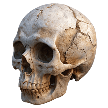 magnificent rustic A single, cracked human skull, weathered and ancient professional png