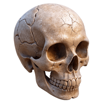 beautiful rustic A single, cracked human skull, weathered and ancient high resolution png