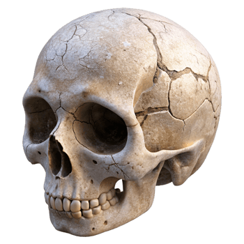 elegant classic A single, cracked human skull, weathered and ancient premium png