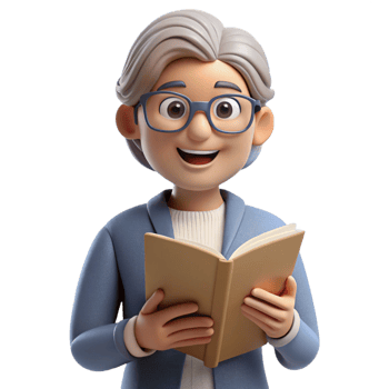 serene minimalist Happy senior woman with glasses reading a book, professional png