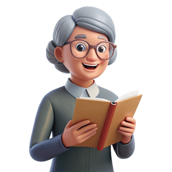 elegant modern Happy senior woman with glasses reading a book, premium png