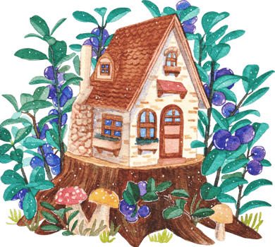 Whimsical watercolor illustration of a charming cottage built on a tree stump surrounded by lush greenery blue berries and colorful mushrooms evoking a fairytale forest setting png