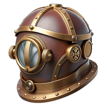 magnificent modern Steampunk helmet with a visor and intricate brass ornamentation authentic png