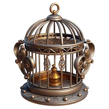 impressive classic Steampunk birdcage with ornate metalwork and a perch exclusive png
